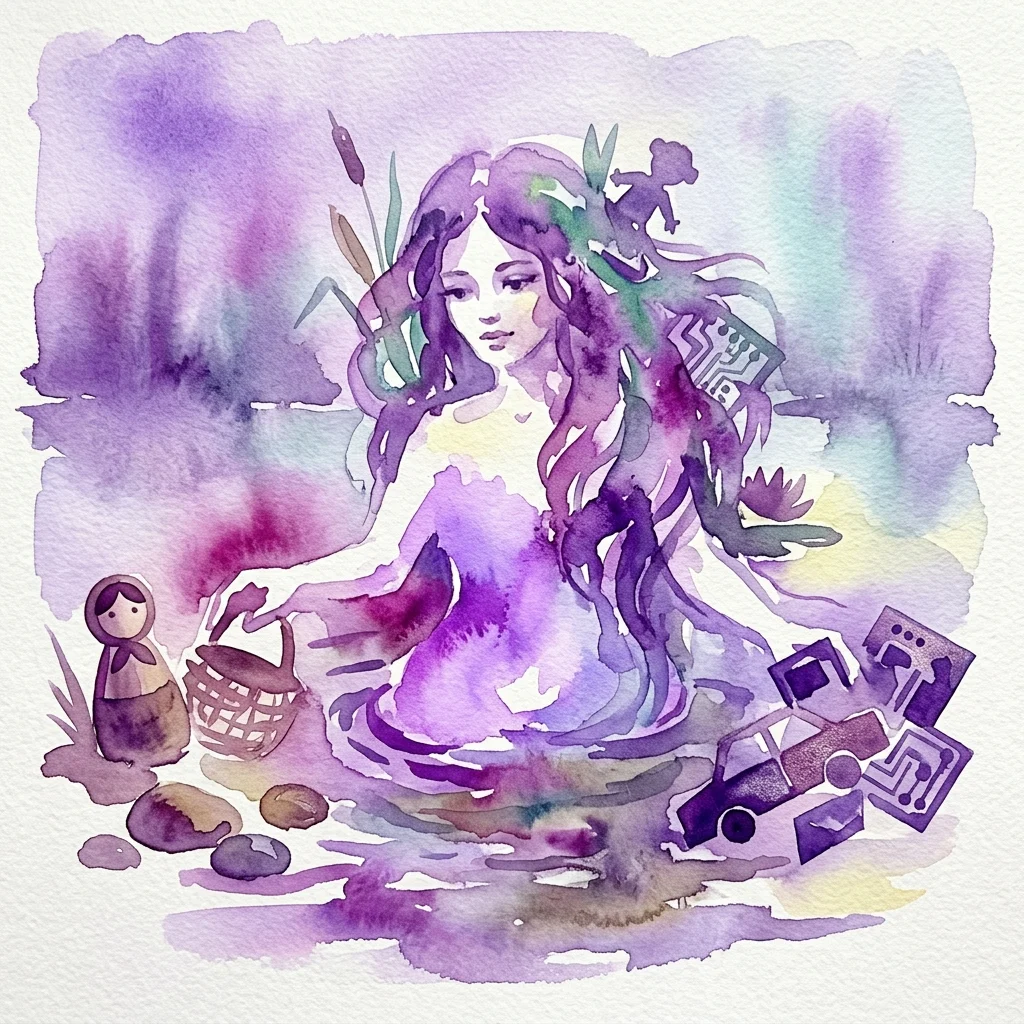 Ilustracja akwarelowa słowiańskiej nimfy wodnej wyłaniającej się z zanieczyszczonego strumienia, otoczonej zabawkami wykonanymi z naturalnych materiałów i wyrzuconą technologią, symbolizująca eko-seksualność i troski środowiskowe.