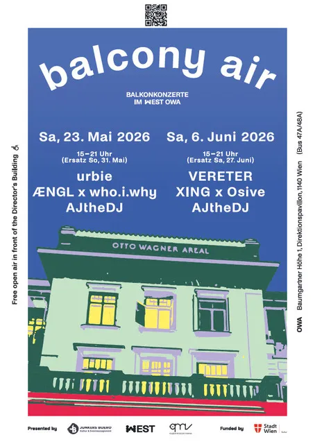 Stylowy plakat na wydarzenia powietrzne na balkonie w Otto Wagner Areal, przedstawiający ilustrację budynku z datami wydarzeń i wykonawcami.