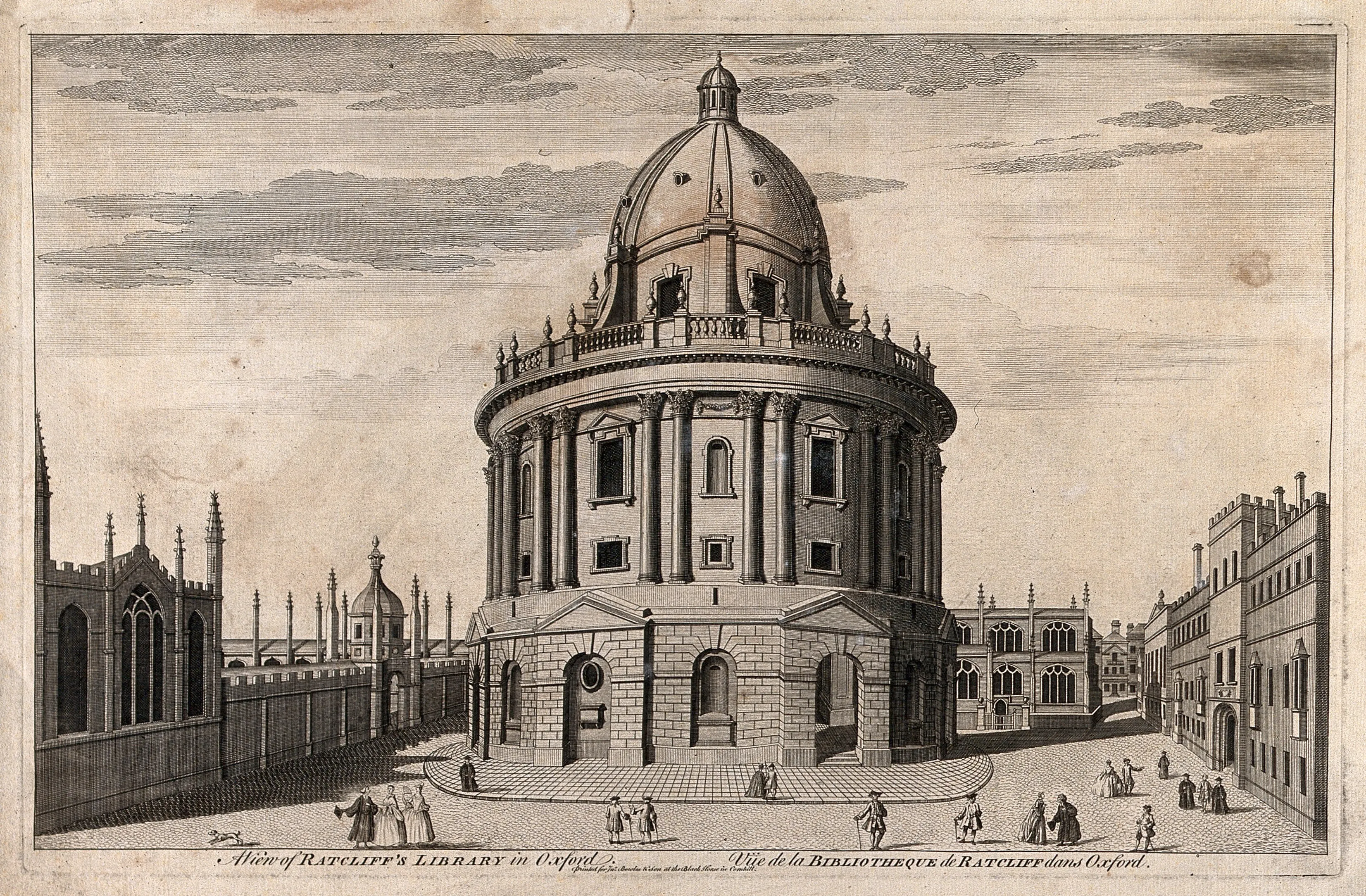 Grabado histórico que muestra una vista panorámica de la biblioteca circular Radcliffe Camera en Oxford, con el All Souls College al fondo y figuras en primer plano.