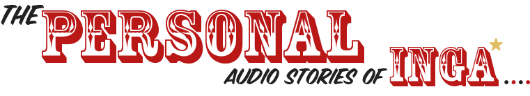Tekstlogo met 'THE PERSONAL INGA' in vetgedrukte rode schreefletter, 'AUDIO STORIES OF' in grijs, en een gouden ster op zwarte achtergrond