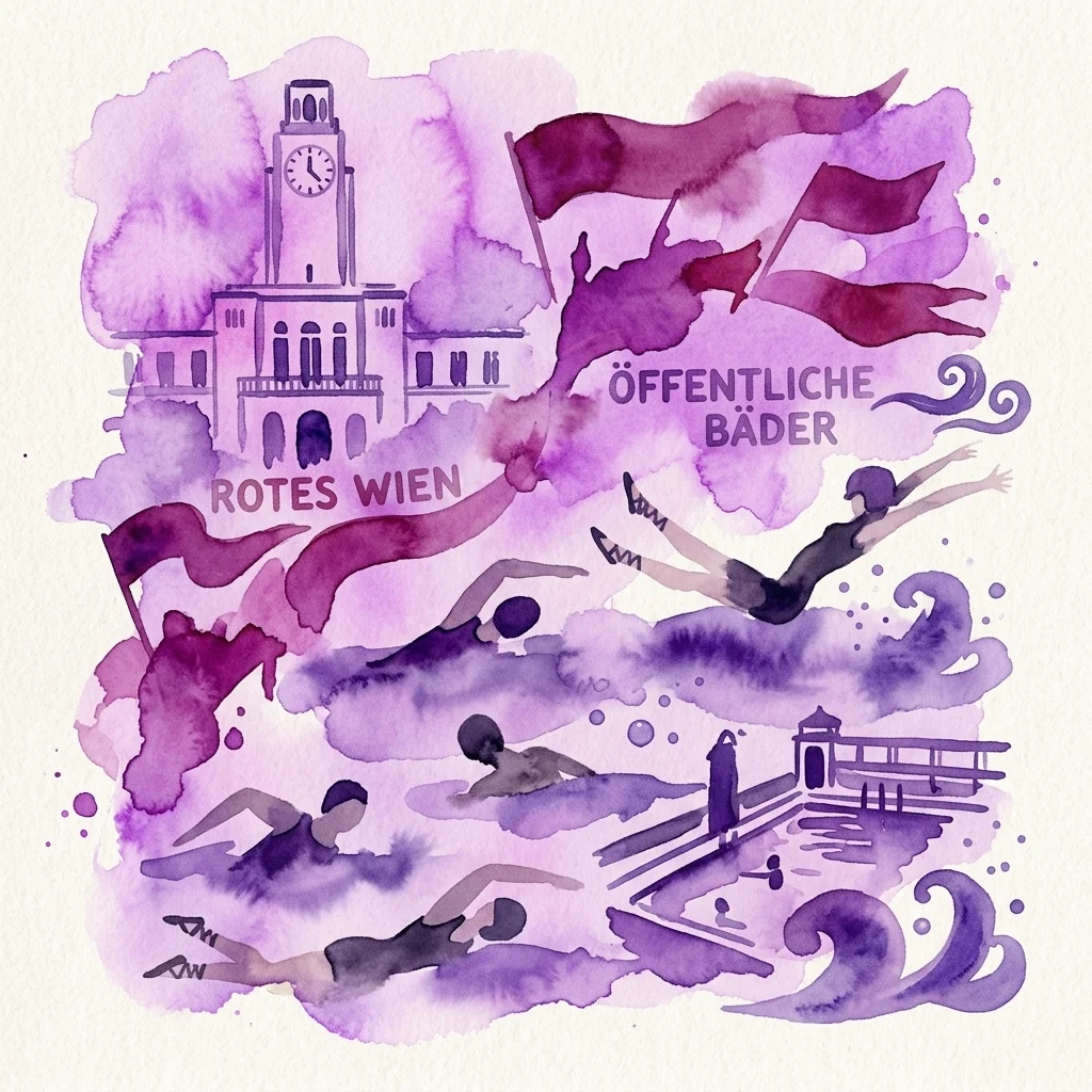 Ilustracja akwarelowa przedstawiająca ludzi pływających w publicznych basenach, z wieżą zegarową i napisem „Rotes Wien” oraz „Öffentliche Bäder”, ukazująca historię łaźni publicznych w okresie Czerwonego Wiednia.