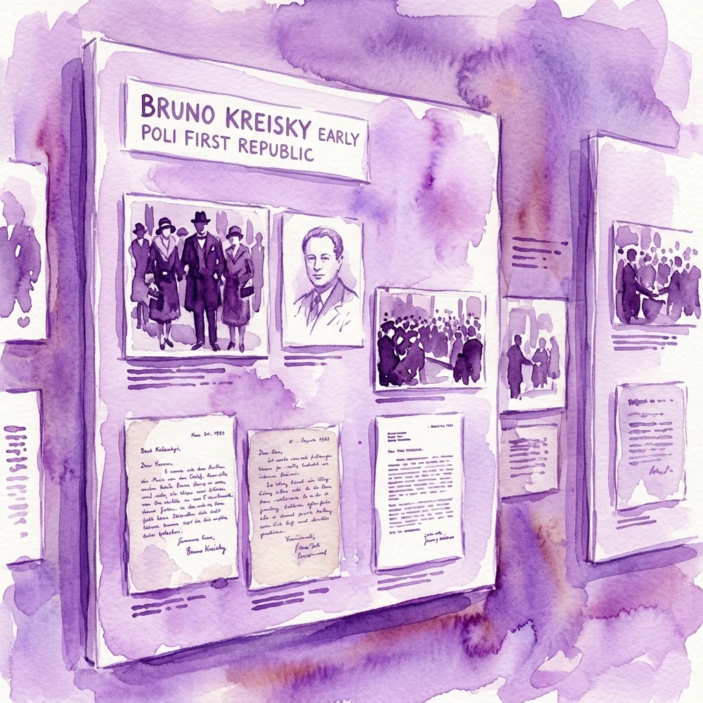 Wystawa muzealna zatytułowana 'Bruno Kreisky Vroege Poli Pierwsza Republika', prezentująca historyczne fotografie, listy osobiste i dokumenty z jego wczesnego życia politycznego w Pierwszej Republice Austriackiej.