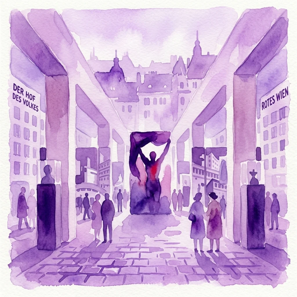 Fioletowa ilustracja akwarelowa sceny ulicznej w Wiedniu, przedstawiająca epokę 'Czerwonego Wiednia' z budynkami opatrzonymi napisami 'DER HOF DES VOLKES' i 'ROTES WIEN', centralnym posągiem oraz ludźmi spacerującymi po brukowanej ulicy.