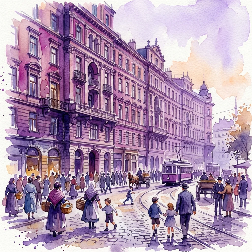 Ilustracja akwarelowa zabytkowego wiedeńskiego budynku mieszkalnictwa komunalnego przy Ringstrasse, z przechodzącymi mieszkańcami i przejeżdżającym tramwajem, reprezentująca ruch budownictwa socjalnego 'Ringstrasse des Proletariats'.