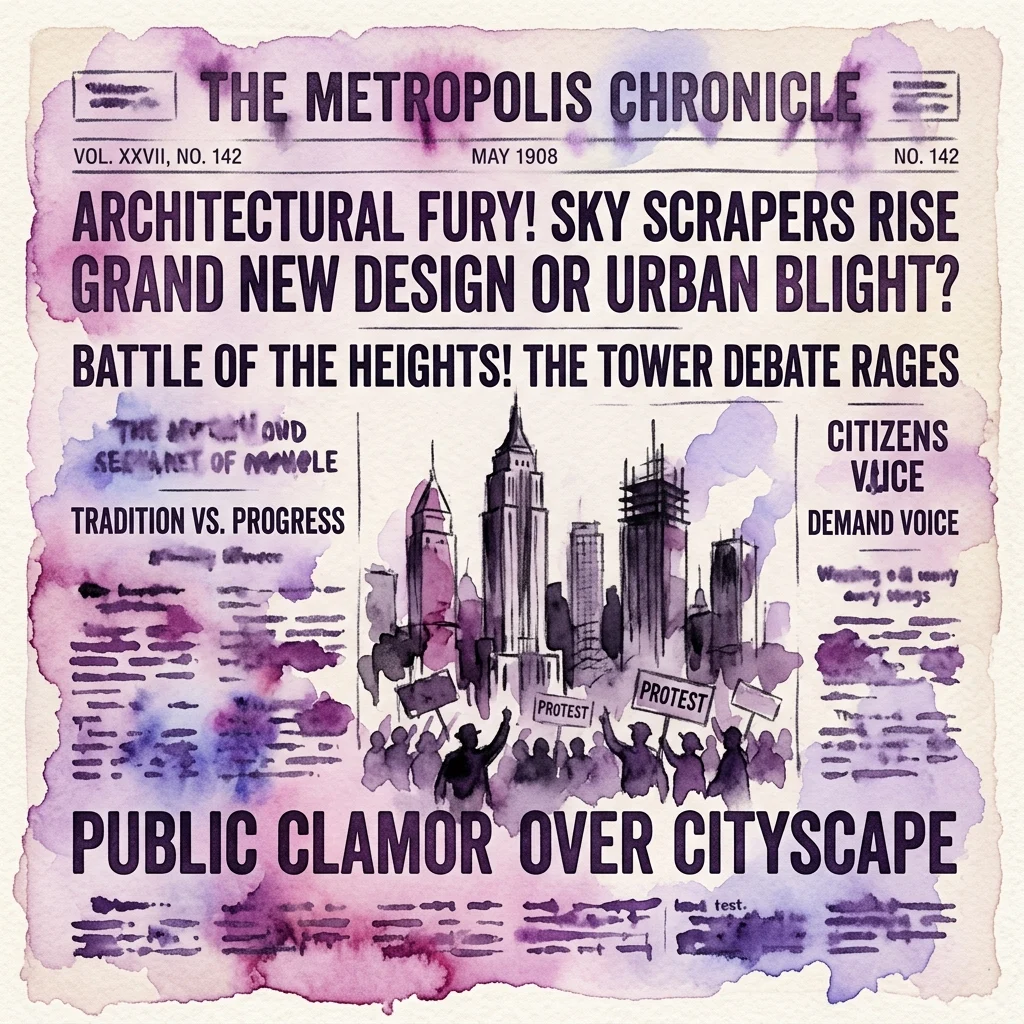 Historische kranten voorpagina getiteld 'The Metropolis Chronicle' uit mei 1908, met grote koppen over architectuurdebatten, wolkenkrabbers en publieke protesten tegen stadsontwikkeling.