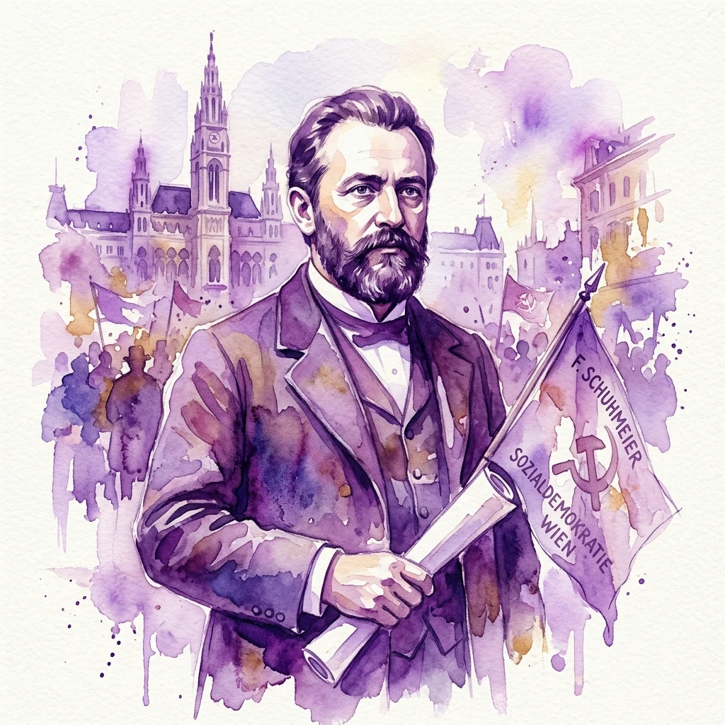 Ilustracja akwarelowa Franza Schuhmeiera, wiedeńskiego socjaldemokraty, trzymającego flagę z jego nazwiskiem i napisem 'Sozialdemokratie Wien' na tle panoramy Wiednia i tłumu.