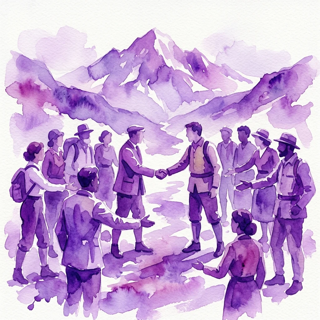 Een paarse aquarelillustratie van mensen in wandelkleding die elkaar de hand schudden voor een berglandschap, wat solidariteit en de verbinding tussen sociale bewegingen en buitenrecreatie symboliseert.