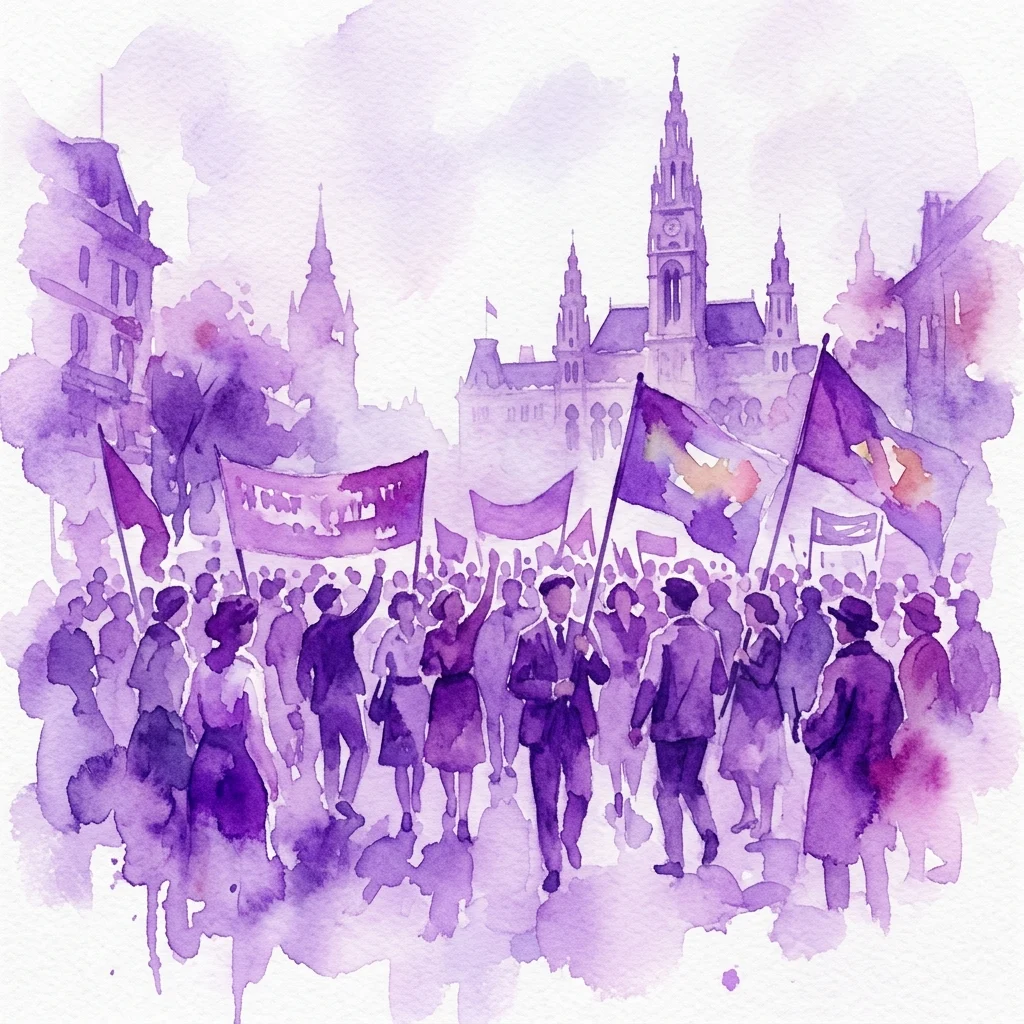 Waterverfillustratie van een socialistische jeugdmanifestatie in 1929 op de Heldenplatz in Wenen, met demonstranten die paarse vlaggen en banieren dragen tegen een achtergrond van Weense architectuur.