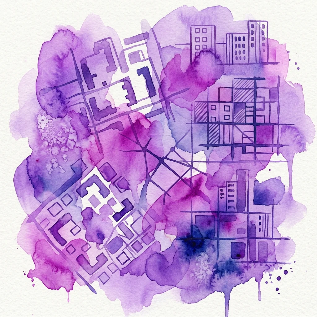 Ilustración en acuarela de planos arquitectónicos y diseños urbanos en tonos púrpuras, que representan los diseños de viviendas sociales de Hubert Gessner de la Viena Roja.