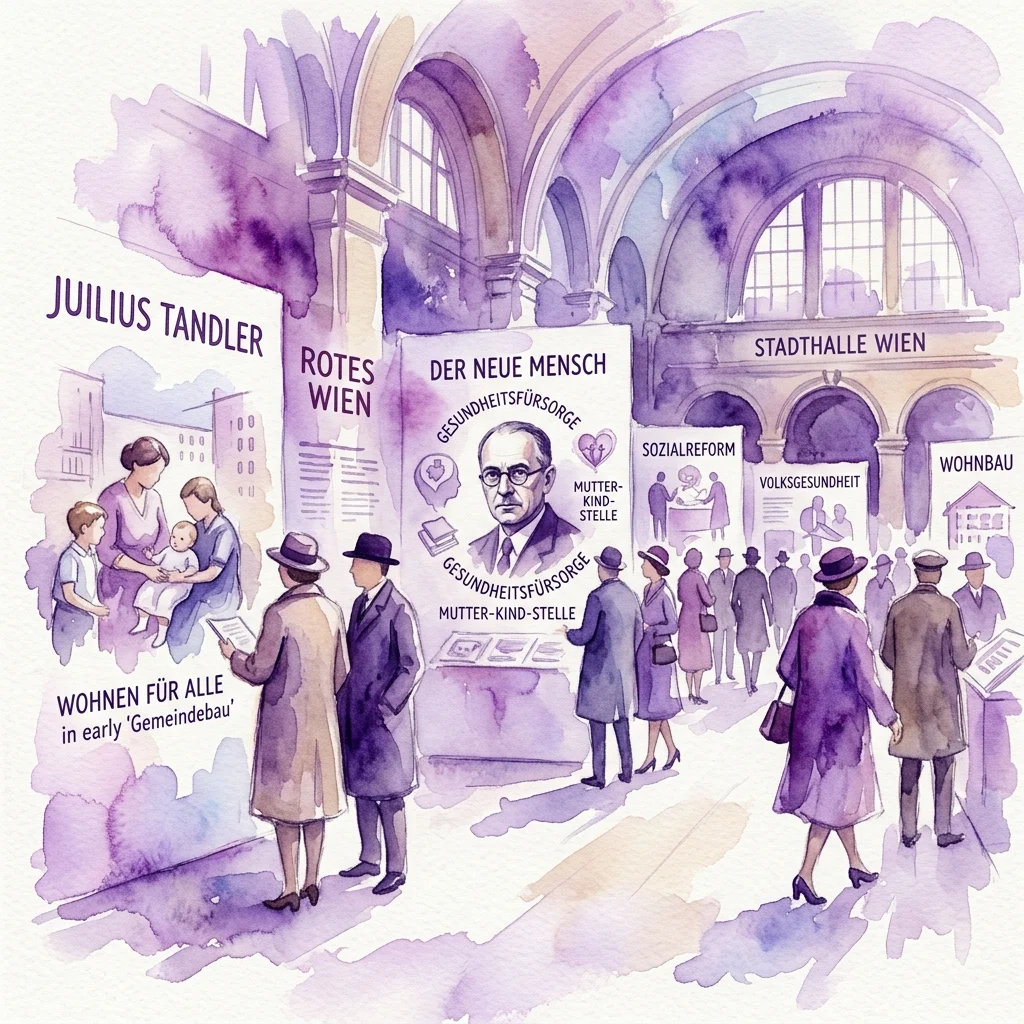 Illustratie van een tentoonstelling in de Stadthalle Wien ter herdenking van Julius Tandler, met aquarelafbeeldingen van mensen die displays bezoeken over volksgezondheid, sociale hervormingen en huisvesting in het vroege 'Gemeindebau' Wenen.