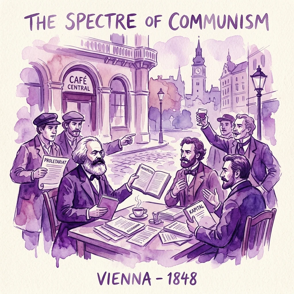 Een illustratie getiteld 'Het spookbeeld van het communisme', met Karl Marx en andere figuren in een 19e-eeuwse Weense setting, die in 1848 in Café Central revolutionaire teksten bespreken zoals 'Het Communistisch Manifest' en 'Das Kapital'.