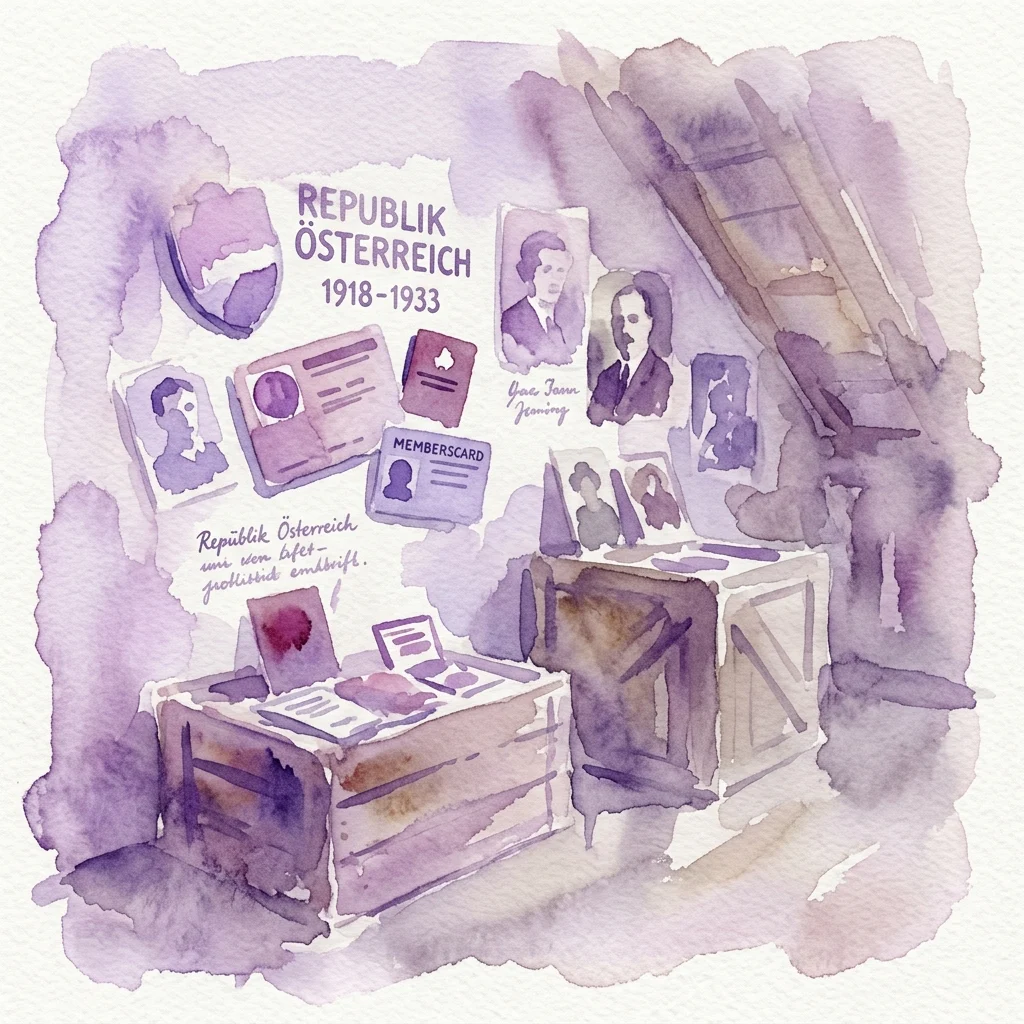 Waterverfillustratie van historische artefacten uit de Eerste Oostenrijkse Republiek (1918-1933), waaronder lidmaatschapskaarten, foto's en politieke insigne tentoongesteld in een museumzolder.