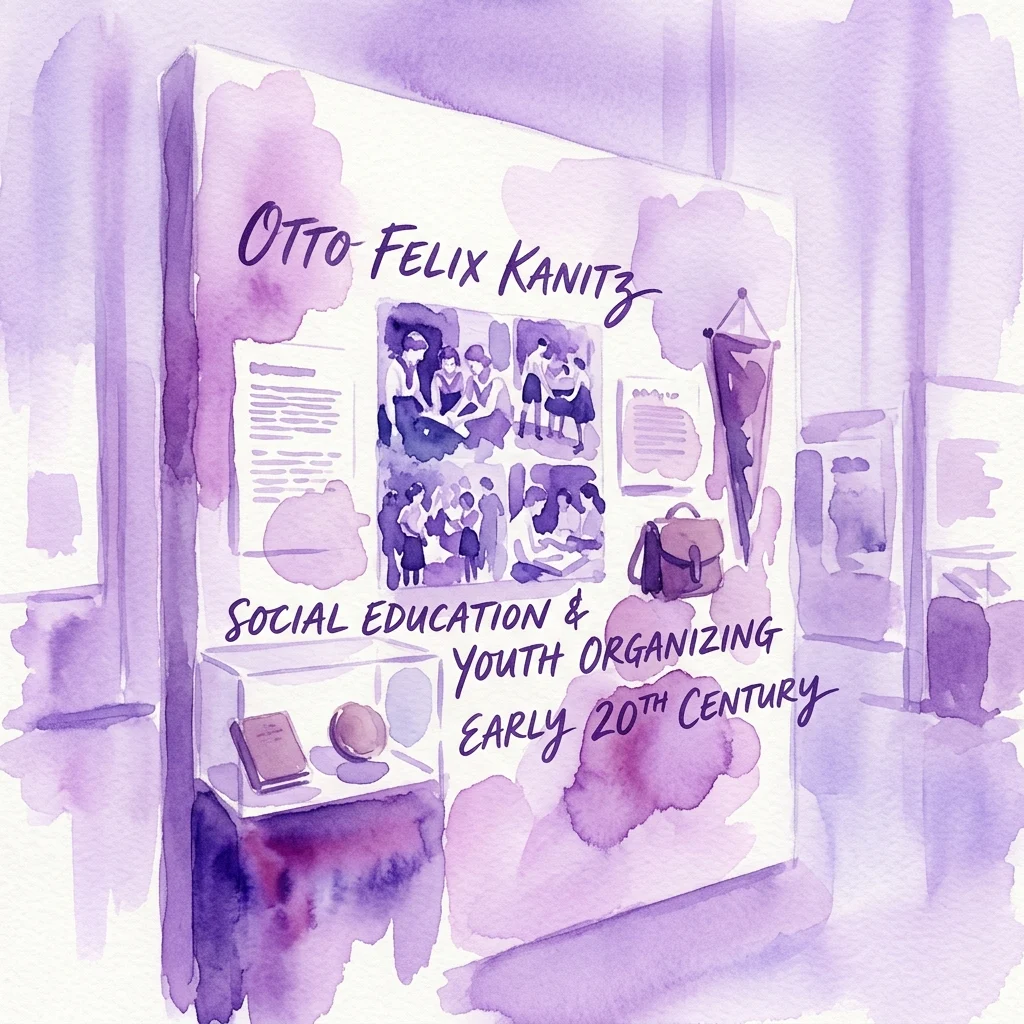 Ilustracja akwarelowa wystawy poświęconej Otto Felixowi Kanitzowi, zawierająca zdjęcia archiwalne, panele tekstowe i artefakty związane z edukacją społeczną i organizacją młodzieży w Austrii na początku XX wieku.