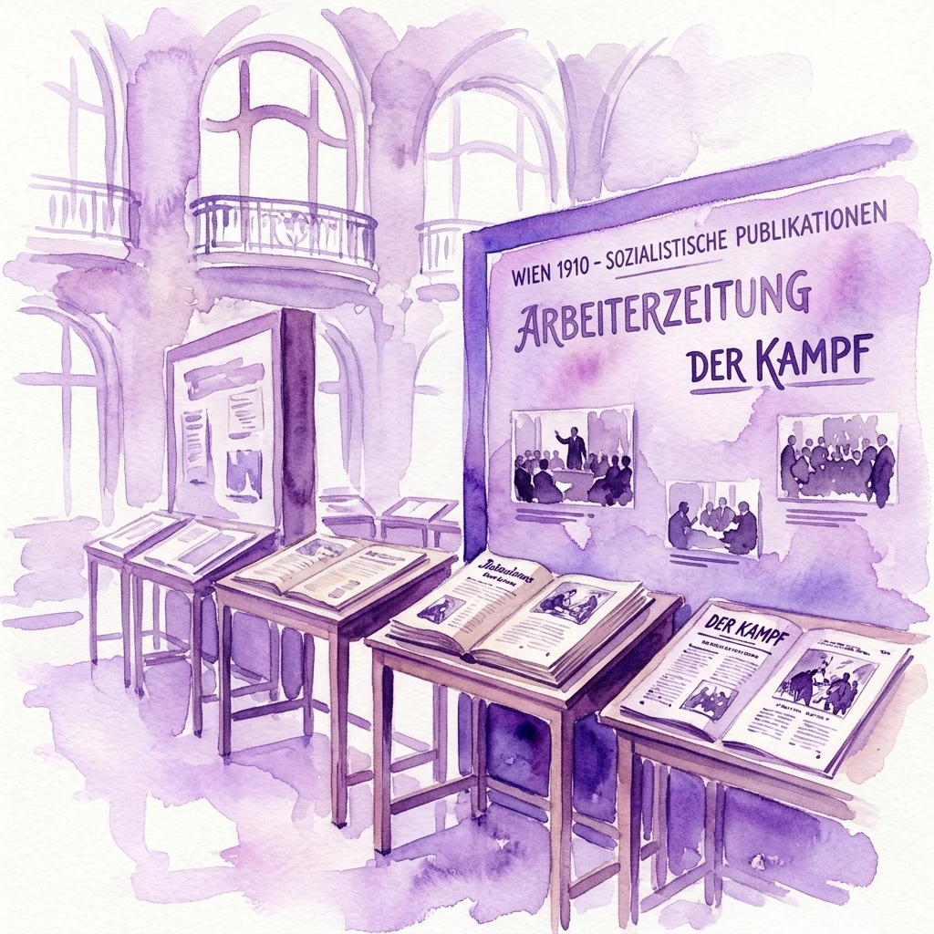 Illustratie van een museumtentoonstelling met vintage socialistische publicaties uit Wenen 1910, waaronder 'Arbeiter-Zeitung' en 'Der Kampf', gerangschikt op tafels met informatiepanelen in een paars getinte aquarel stijl.