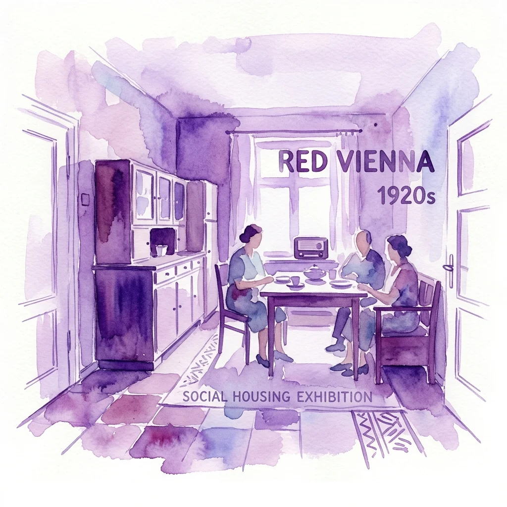 Waterverfillustratie van een keuken in sociale woningbouw uit de jaren 20 van de Rode Wener-periode, met een gezin aan tafel met vintage apparatuur en kasten, onderdeel van een tentoonstelling over sociale woningbouw.