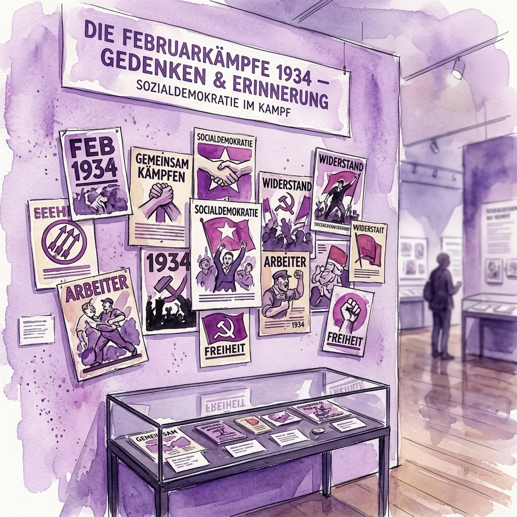 Wystawa prezentująca historyczne ulotki socjaldemokratyczne z lat 30. XX wieku, zawierająca hasła polityczne, symbole i karykatury, upamiętniająca walki lutowe z 1934 roku.