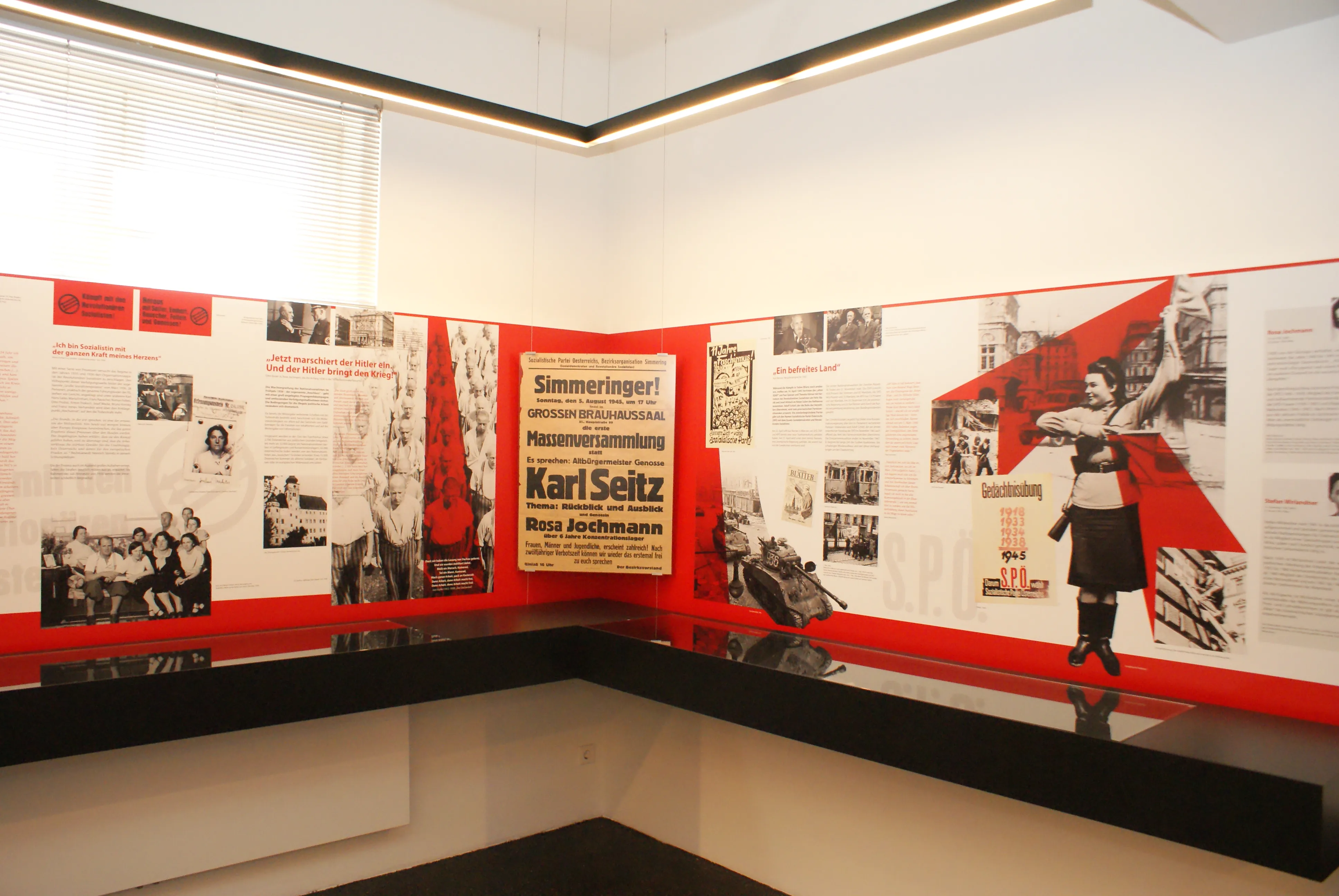 Pared de exposición con fotos históricas, documentos y una pancarta roja con una figura sosteniendo una bandera, expuesta en una galería de museo