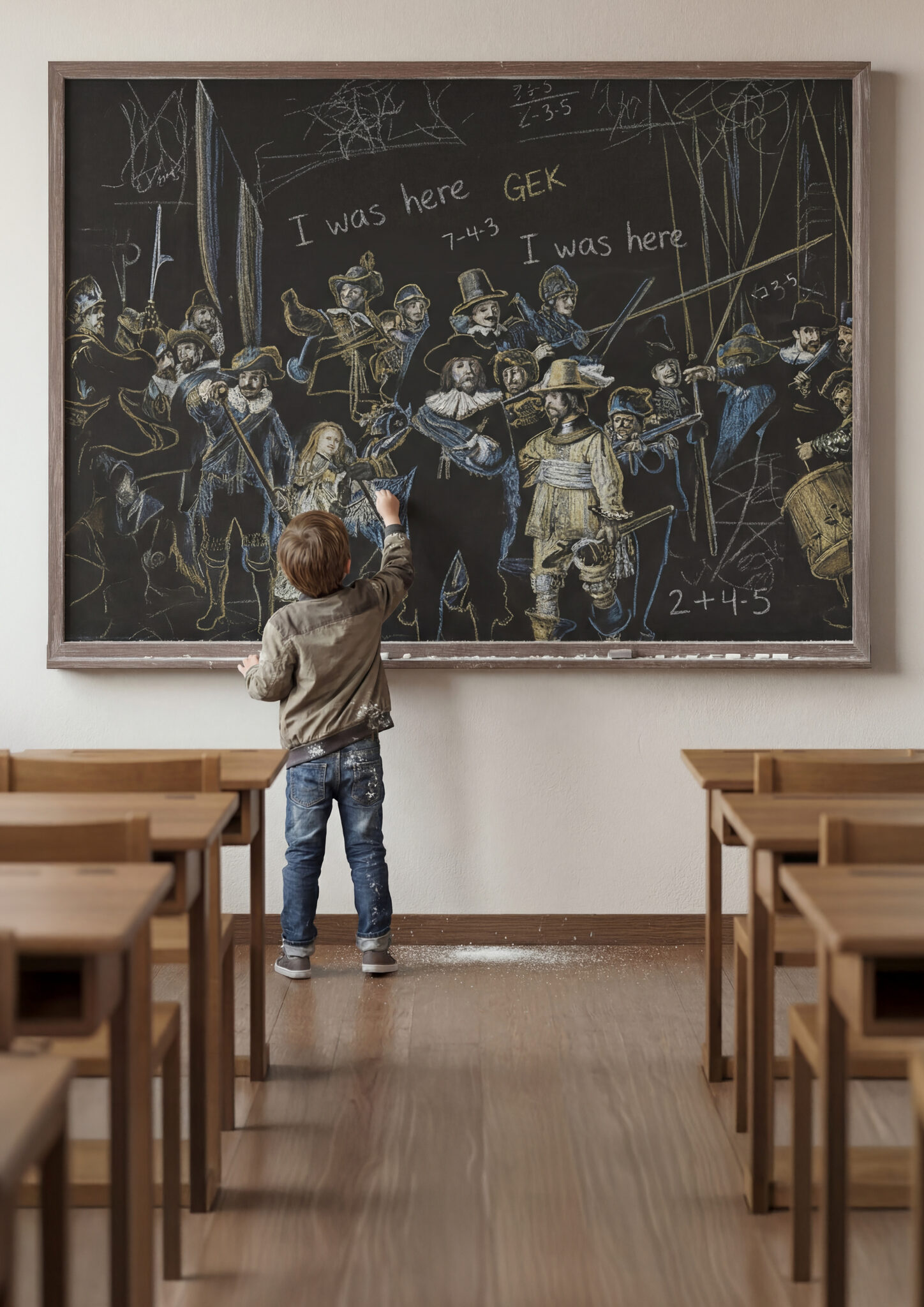 Niño interactuando con una gran recreación en pizarra de 'La ronda de noche' de Rembrandt en un aula con pupitres de madera y notas escritas a mano