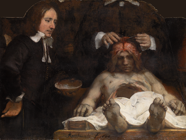 Pintura histórica que muestra una lección de anatomía médica con una figura masculina desnuda sobre una mesa y varios observadores con ropa del siglo XVII