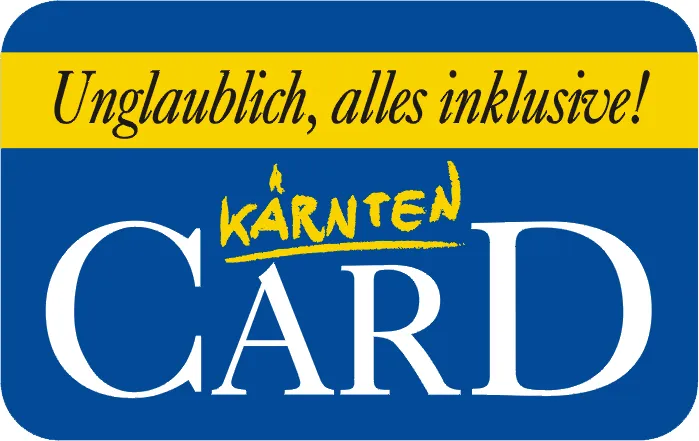 Logotipo azul y amarillo de la Kärnten Card con el texto 'Unglaublich, alles inklusive!' y 'KÄRNTEN CARD'
