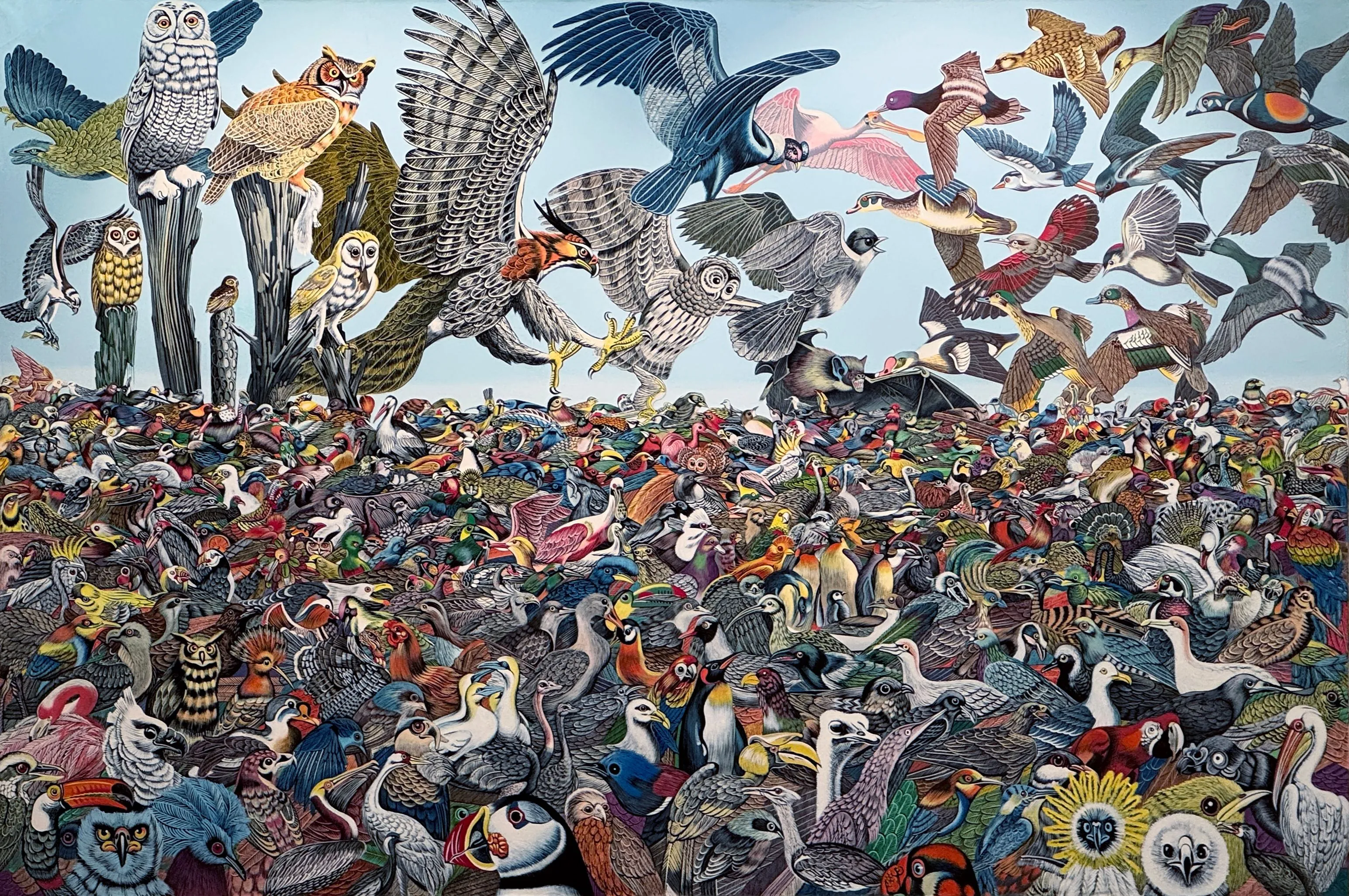 Pintura densa y colorida que representa cientos de aves de diversas especies, incluyendo búhos, águilas, loros y flamencos, en una composición caótica.