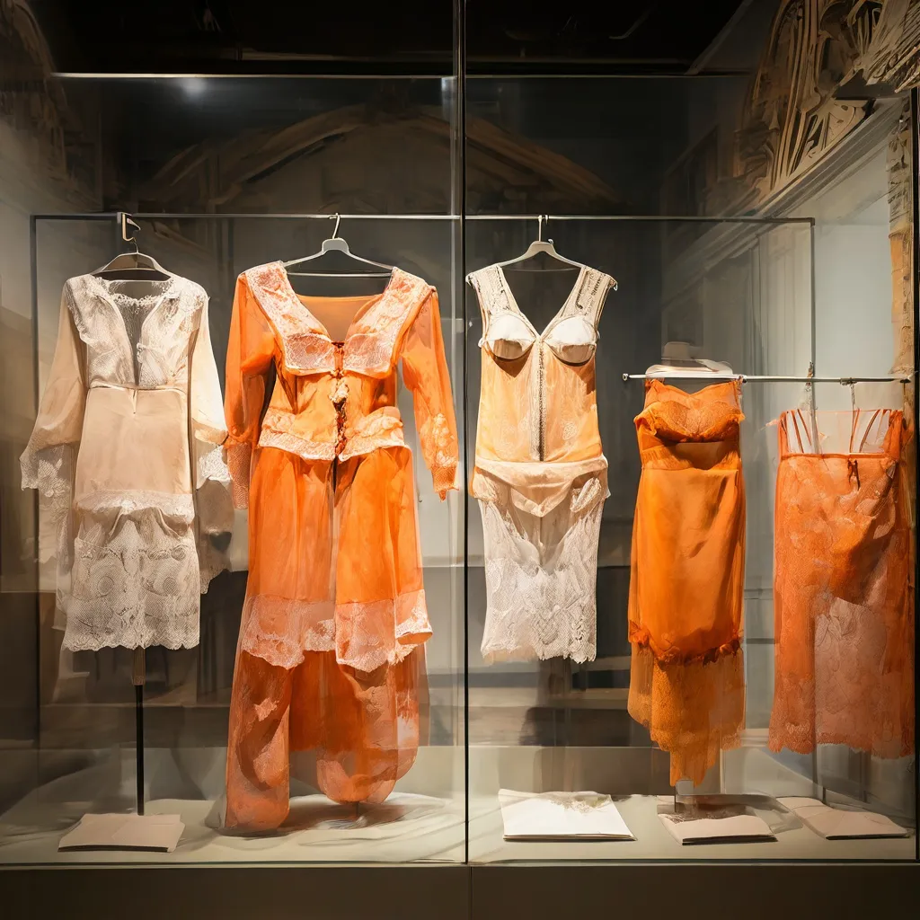A curated display at the Rijksmuseum showcasing historical underwear, from 17th-century functional garments to ornate 19th-century lingerie, against a sophisticated gallery background.