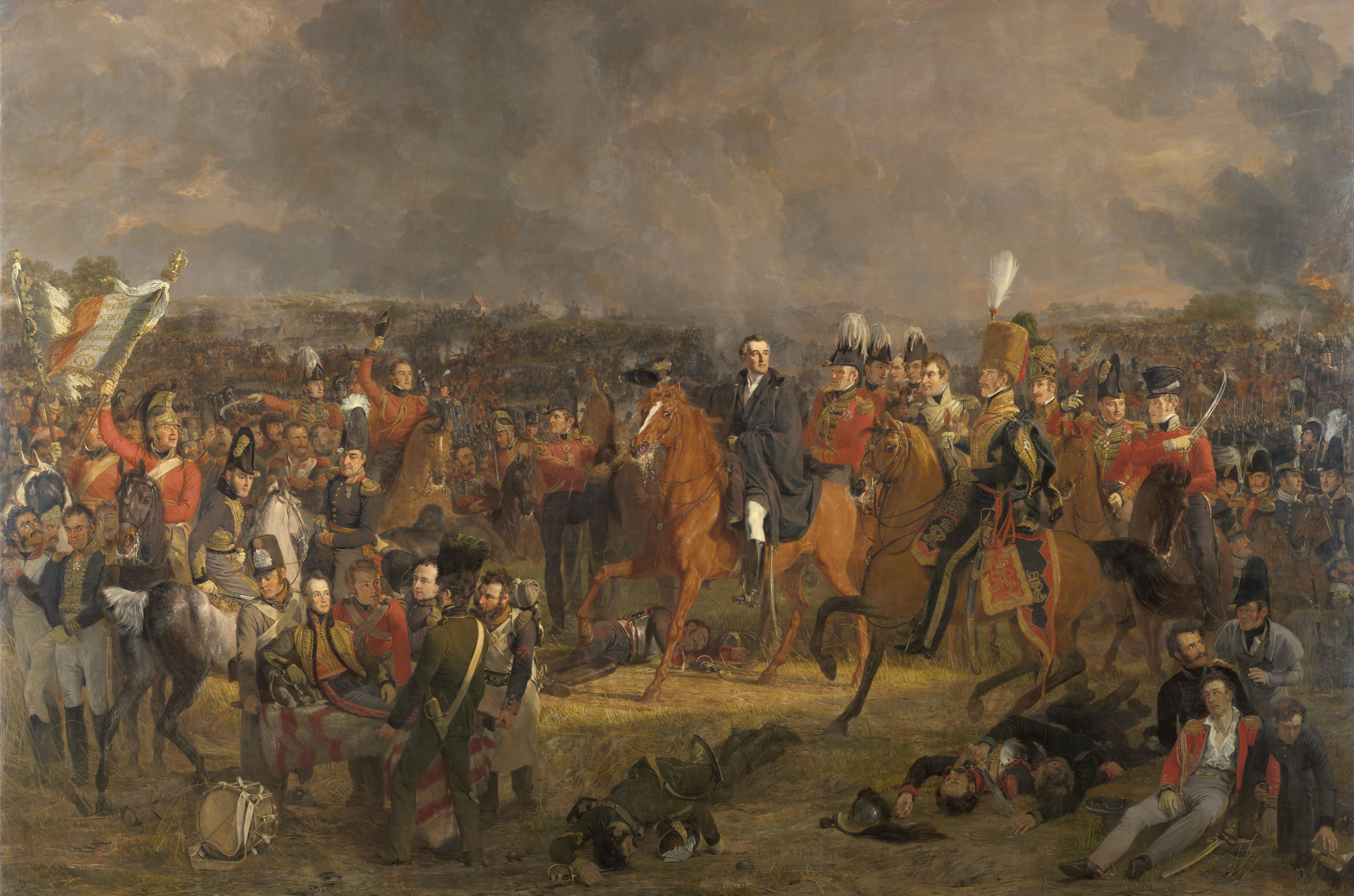 Een schilderij van een gevechtsscène met soldaten, paarden en een centrale figuur te paard