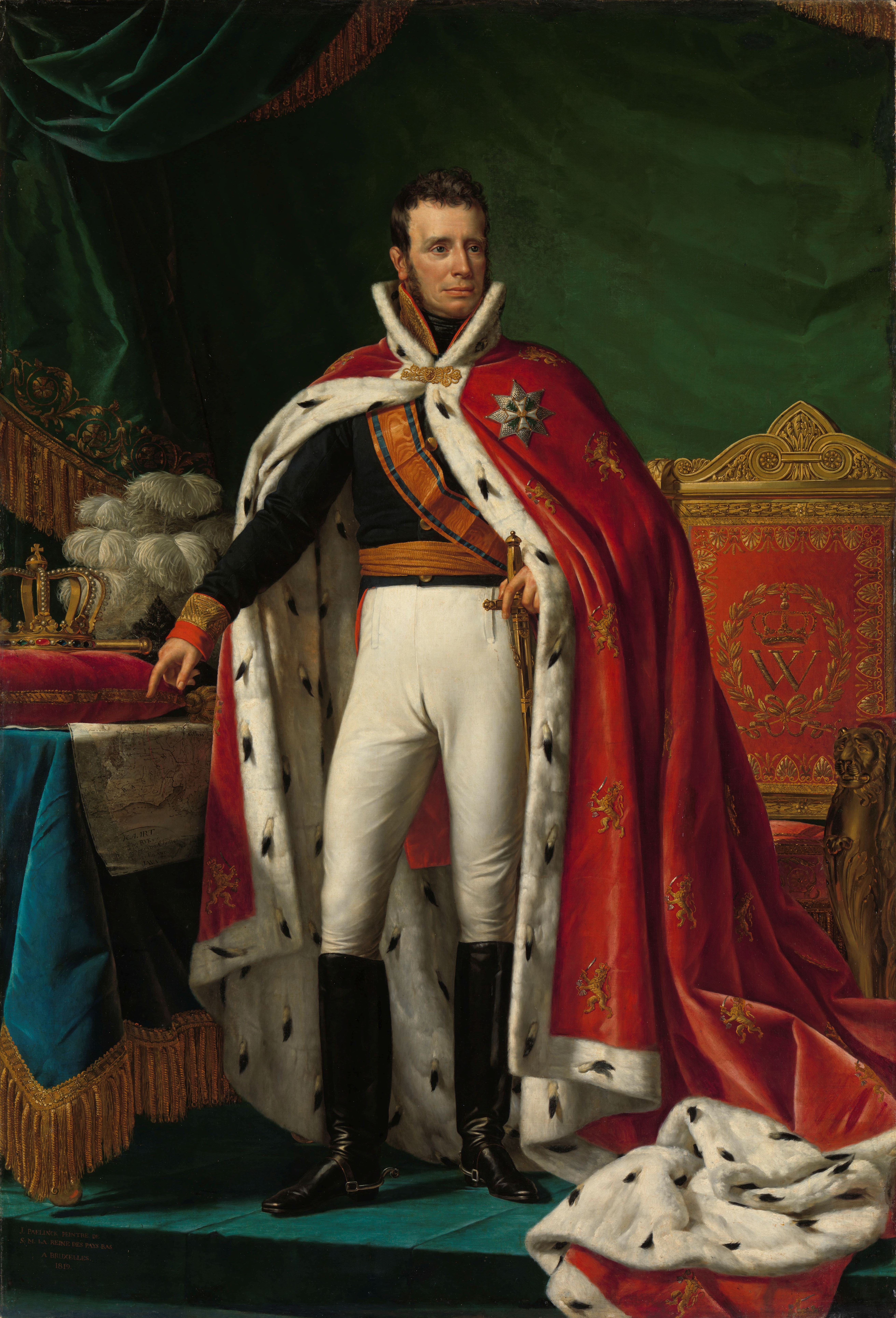 Portret van Koning Willem I van Nederland in een koninklijke rode en witte mantel met een kroon en scepter in de buurt
