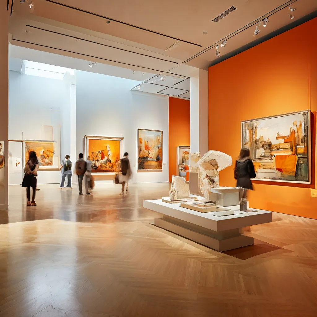 Zróżnicowana wystawa sztuki w Rijksmuseum, prezentująca mieszankę historycznych i współczesnych arcydzieł w wielkiej muzealnej scenerii.