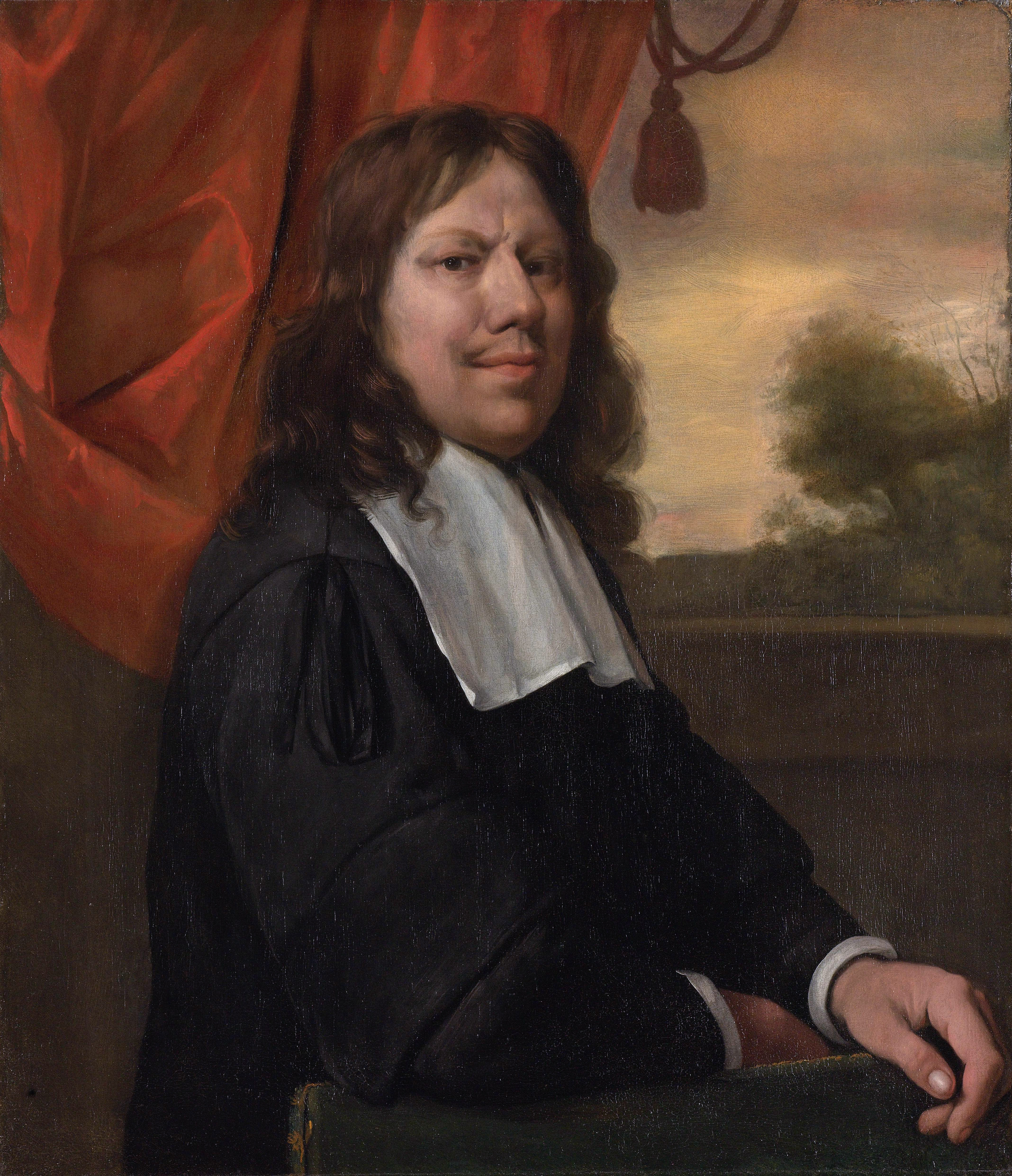 a man with long hair and a white collar in a dark coat, seated in front of red drapery and a landscape