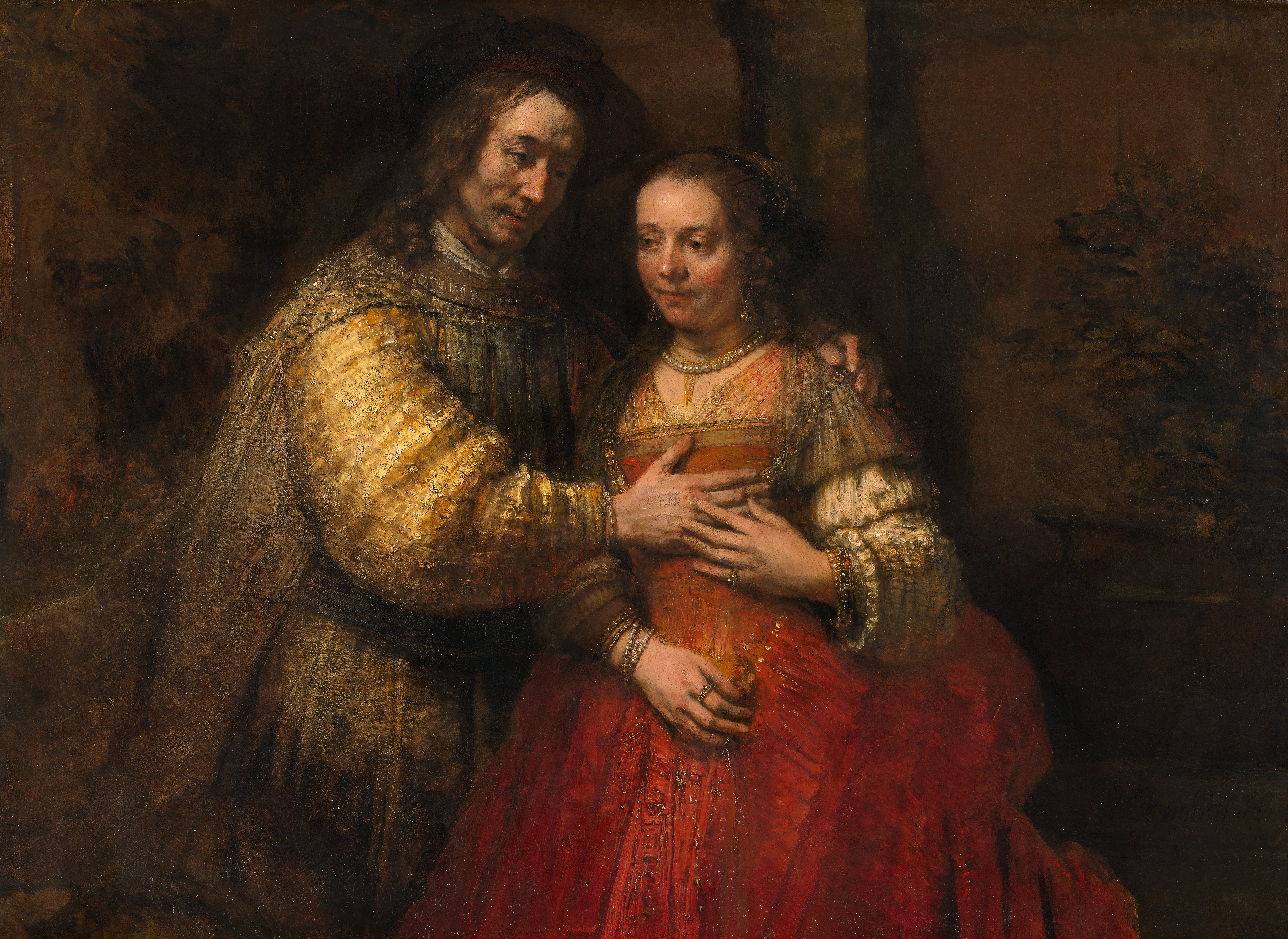Een man en een vrouw in kledij uit die tijd, de man omhelst de vrouw, in een donker, dramatisch schilderij