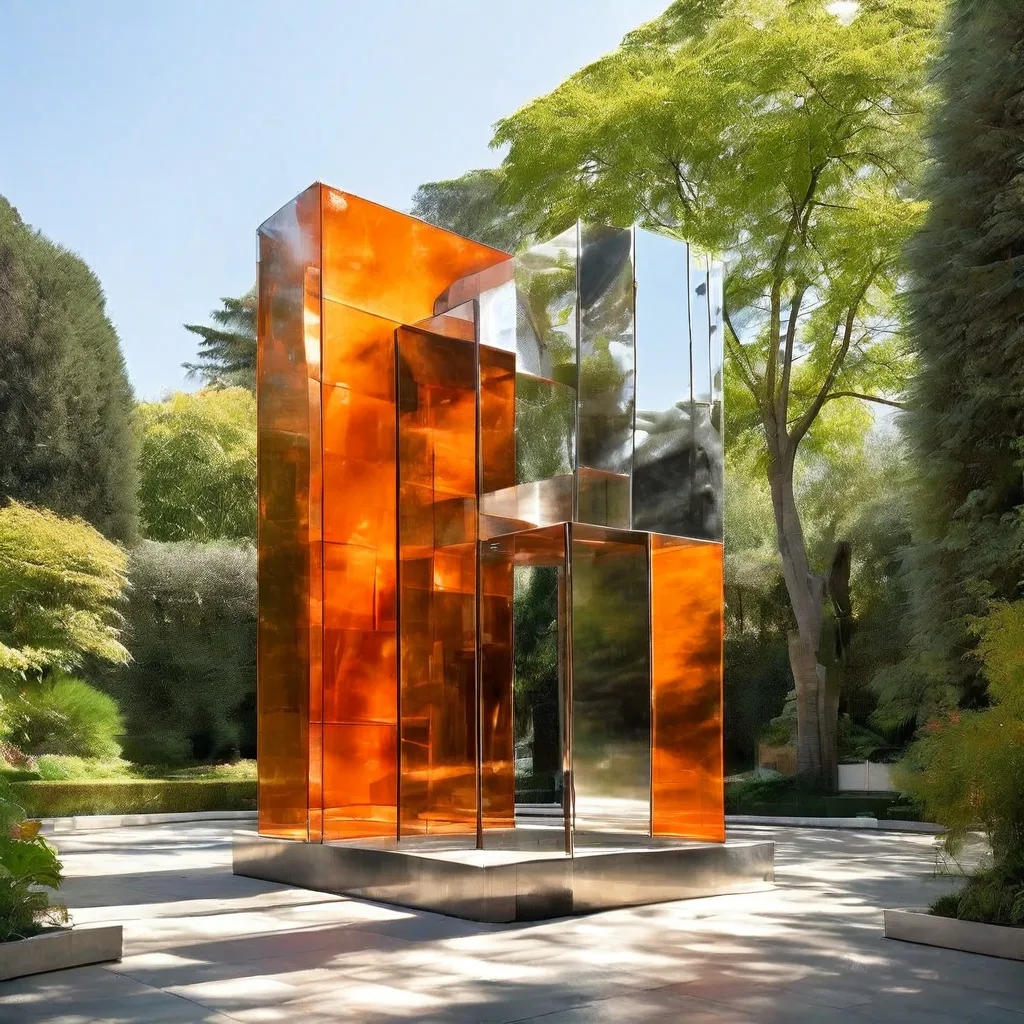 Dos grandes esculturas minimalistas de acero revestido de plomo de Carel Visser, expuestas de forma destacada en los jardines del Rijksmuseum, bañadas por luz natural.