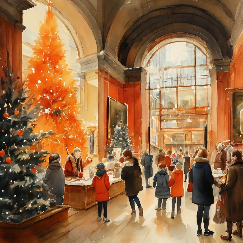 Żywy obraz rodzin cieszących się kreatywnymi warsztatami i świątecznymi dekoracjami w wielkich salach Rijksmuseum zimą.