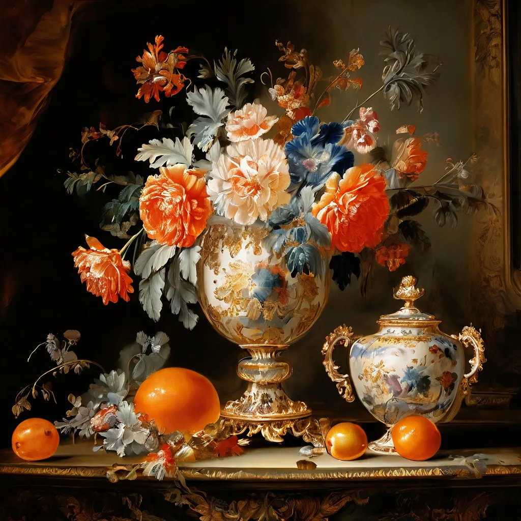 A collection of exquisite 18th-century Meissen porcelain featuring intricate gilding and painted details, displayed elegantly in the Rijksmuseum's Gallery of Honour.