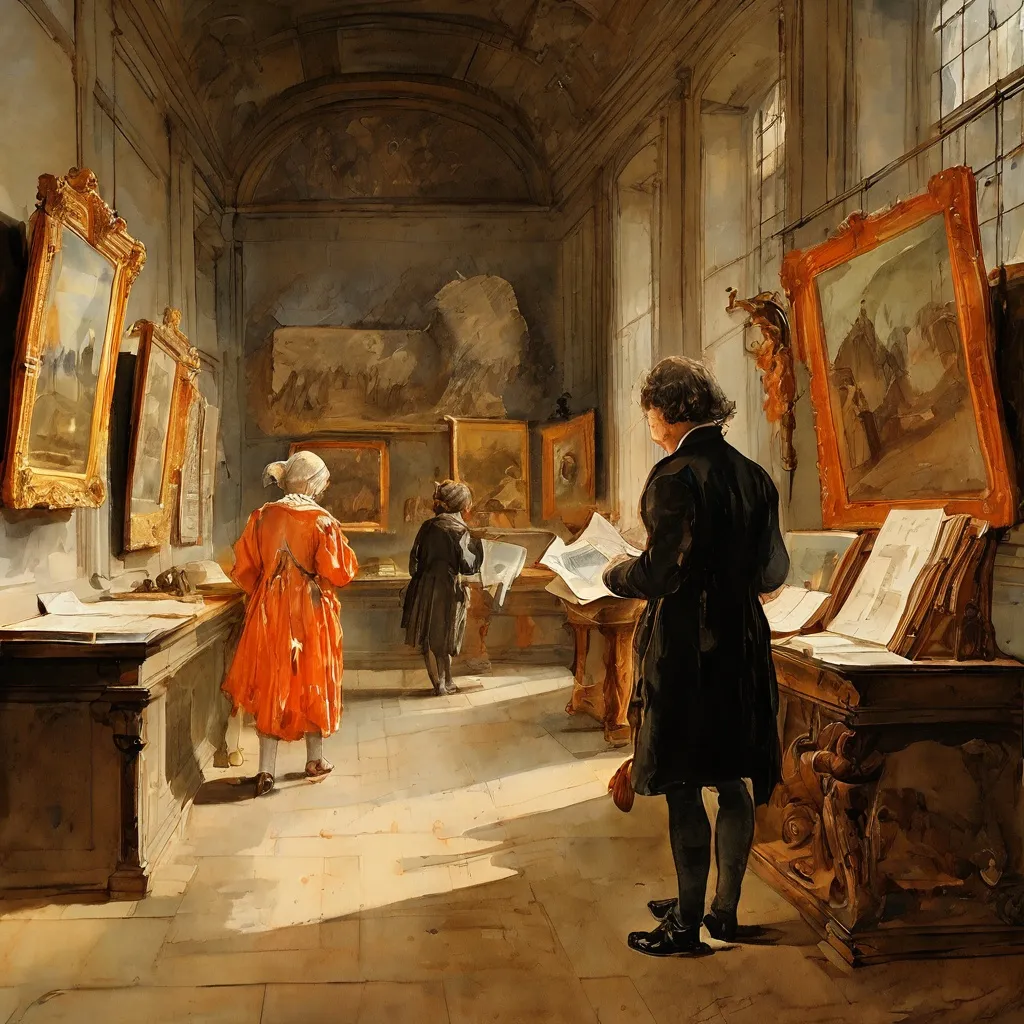 Una representación erudita de Charles Kang, el nuevo Curador de Dibujos del Rijksmuseum, examinando obras de arte históricas en un entorno de museo clásico y luminoso.