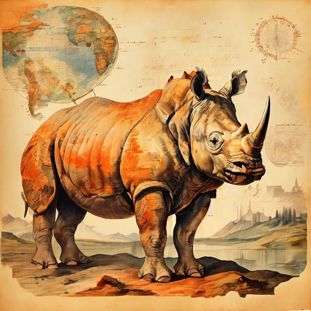 Una representación artística de Clara el rinoceronte, presentada en un estilo histórico europeo, rodeada de mapas y cartas antiguas que ilustran sus viajes e impacto.