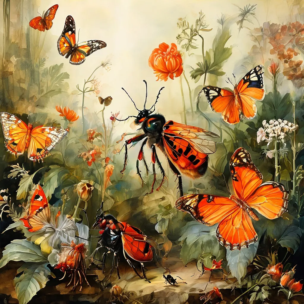 An artistic interpretation showcasing various insects and spiders, blending historical scientific illustrations with a modern aesthetic, set within a museum gallery context at the Rijksmuseum.