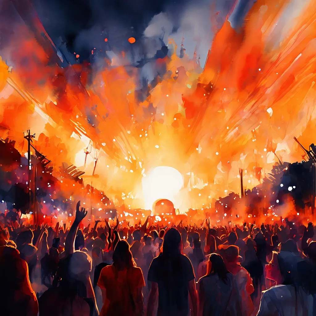 Abstracte weergave van een levendig muziekfestival bij schemering, met verlichte silhouetten van bezoekers en een kleurrijke lucht, die de 'Festival Frenzy' tentoonstelling in het Rijksmuseum representeert.
