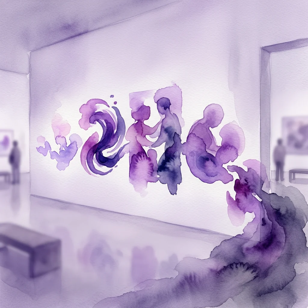 A watercolor-style artwork in purple and blue hues depicting abstract human figures in a museum gallery, part of the Boijmans van Beuningen exhibition at the Rijksmuseum.