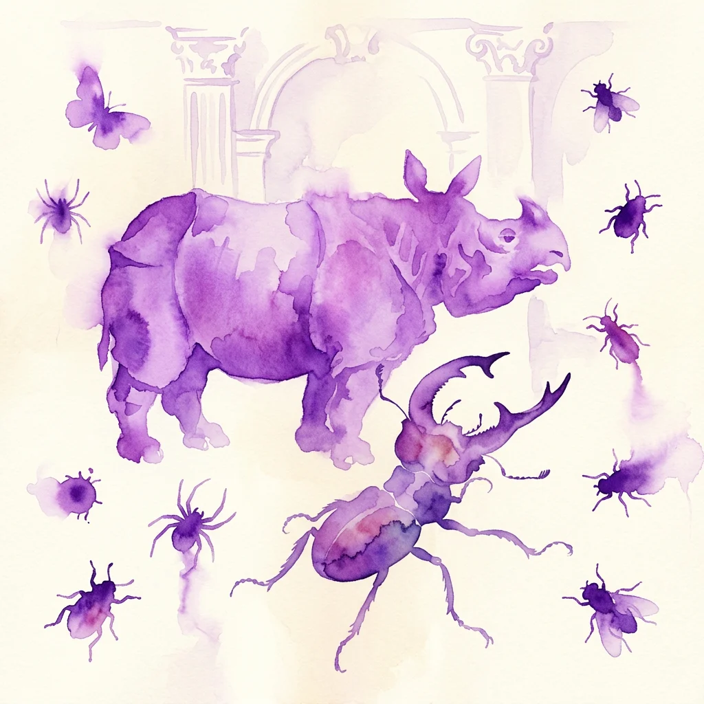 Een paarse aquarelillustratie van een neushoorn omringd door insecten en spinnen, die het thema van de tentoonstelling 'Clara en Kruipende Wezens' oproept.