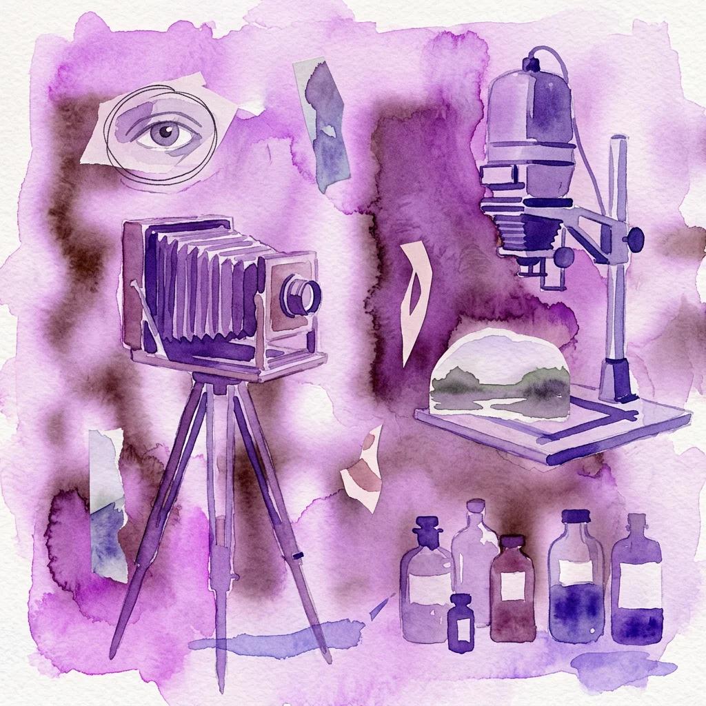 Una ilustración surrealista en acuarela de equipos fotográficos vintage que incluyen una cámara de gran formato, productos químicos de cuarto oscuro y una lupa con un ojo, representando los primeros fotocollages y fotomontajes.