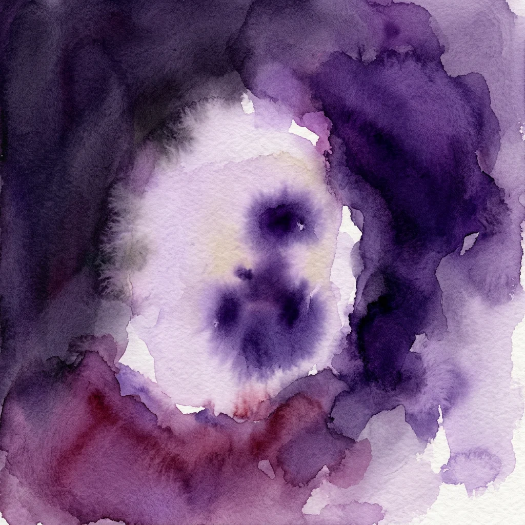 Abstract aquarelkunstwerk met wervelende paarse, zwarte en witte tinten, wat een dynamische en expressieve compositie oproept.