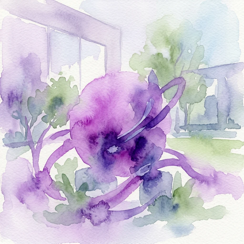 Una acuarela de una flor morada con follaje verde, sobre un suave fondo de elementos arquitectónicos y árboles, evocando una serena escena de jardín.