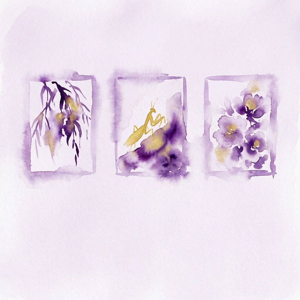 Tres piezas de arte en laca japonesa con motivos naturales: ramas de sauce doradas, una mantis religiosa y flores, expuestas en una galería minimalista.