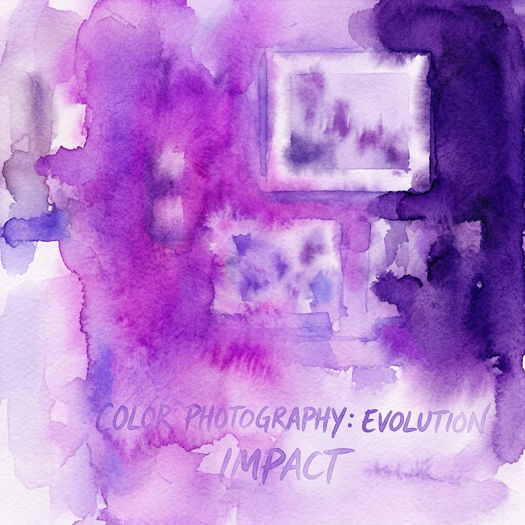 Abstract aquarelkunstwerk in paars- en roze tinten met de tekst 'COLOR PHOTOGRAPHY: EVOLUTION IMPACT' en twee ingelijste afbeeldingen, die de New Horizons-tentoonstelling in het Rijksmuseum vertegenwoordigen.