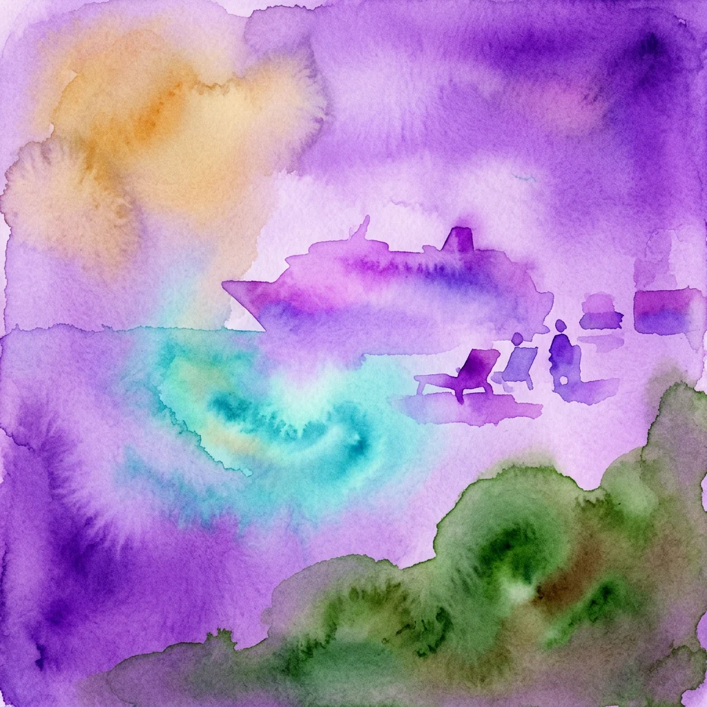 A watercolor artwork depicting a cruise ship at sea with lounge chairs, rendered in vibrant purples, greens, and turquoises, evoking a dreamlike tropical vacation scene.