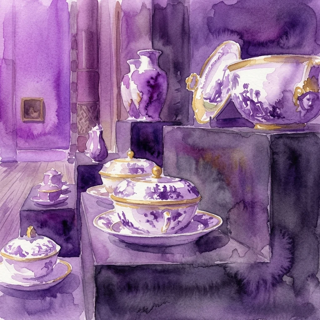 Waterverfillustratie van Meissen porseleinen theeserviezen en vazen tentoongesteld in een museumgalerij met een paars kleurenschema, die het verhaal oproepen van de collectie van de familie Oppenheimer en hun geschiedenis van vlucht voor vervolging.