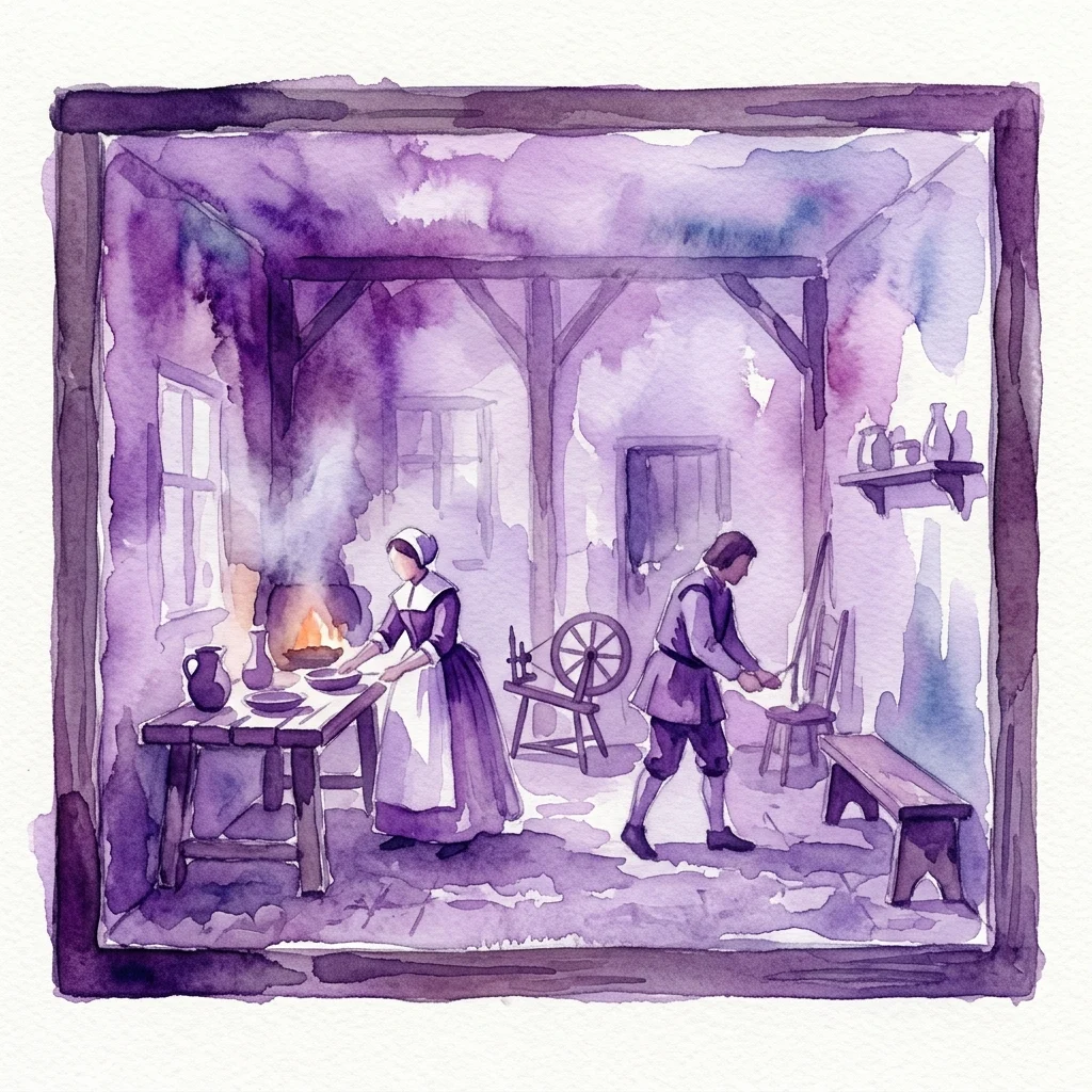Ilustración en acuarela de una escena doméstica del siglo XVII con una mujer cocinando en un hogar y un hombre trabajando en una rueca, que representa la vida cotidiana en una casa holandesa histórica.