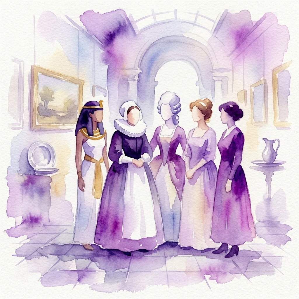 Een aquarelillustratie van vijf vrouwen uit verschillende historische periodes die in een museumgalerij staan, weergegeven in een klassieke kunststijl met invloeden uit de Nederlandse Gouden Eeuw.
