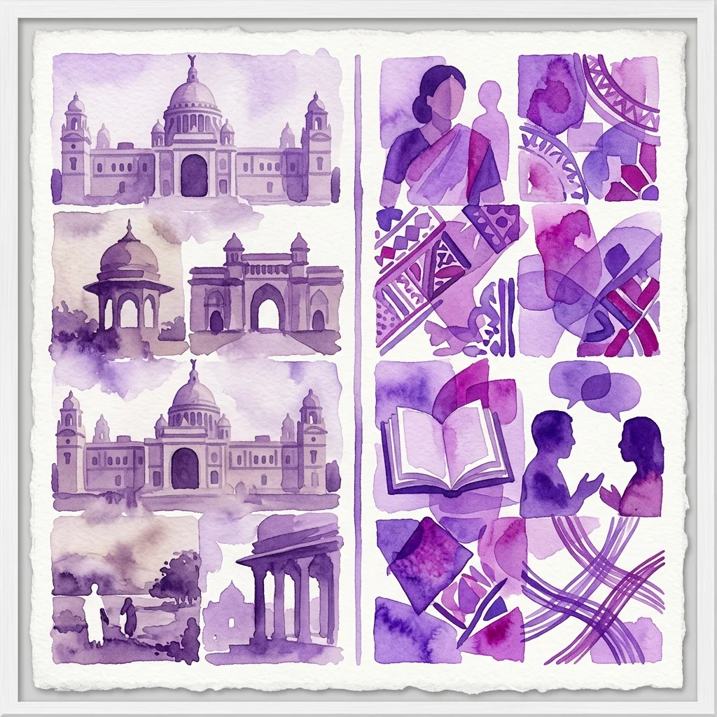Een gesplitste compositie van aquarelillustraties die aan de linkerkant Indiase architectuur uit het koloniale tijdperk tonen en aan de rechterkant eigentijdse artistieke representaties van mensen, boeken en culturele symbolen, reflecterend op erfgoed en identiteit.